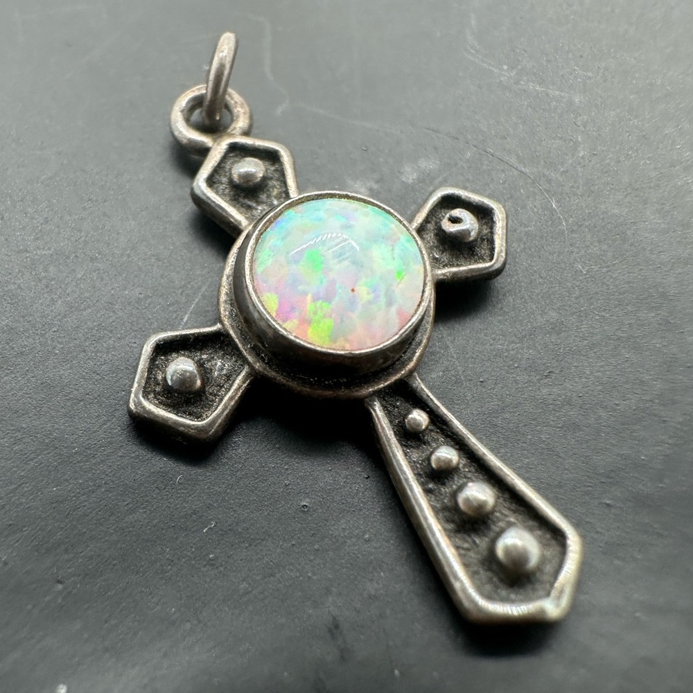 925 sterling silver faux opal cross pendant